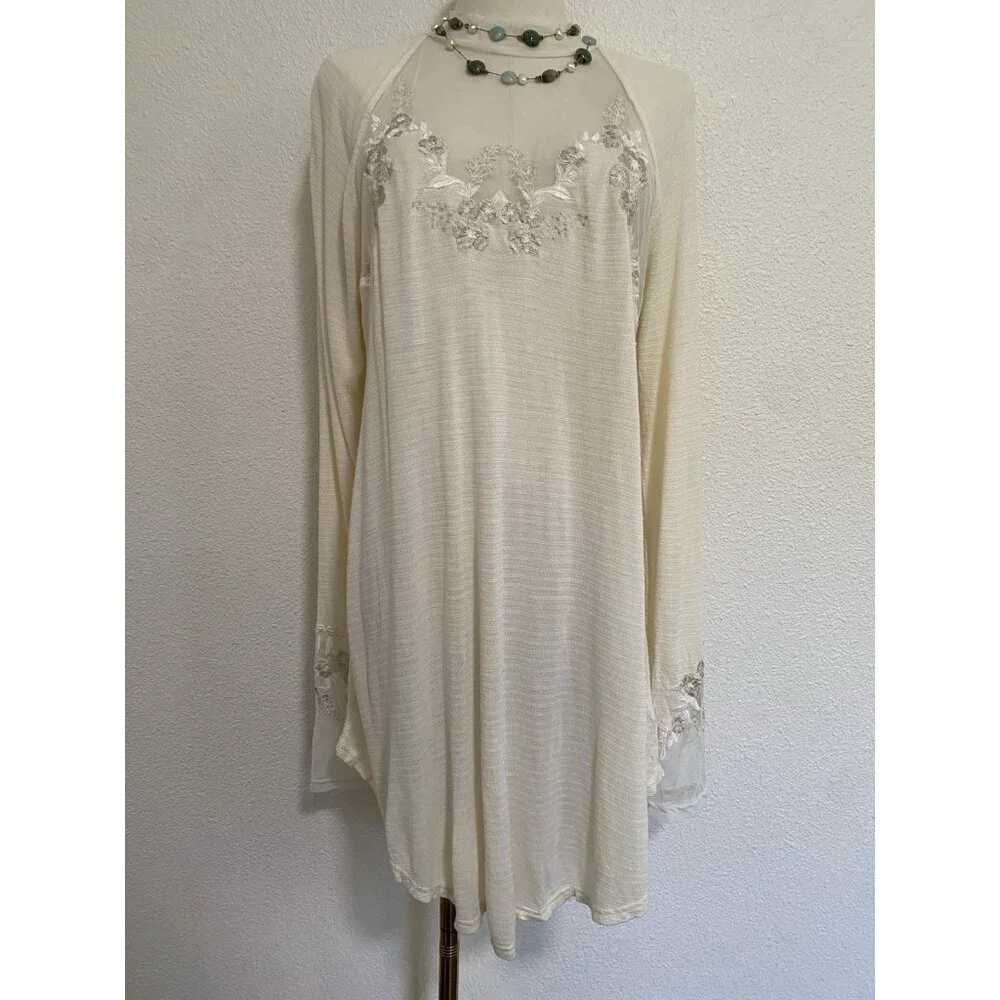 Free People Women's Size Large Ivory Saheli Mesh Embroidered Mock Neck Tunic Top
